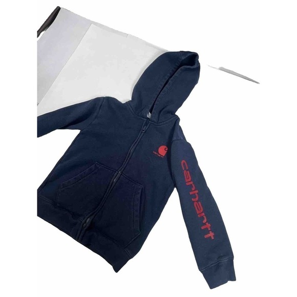 Carhartt Boys Hoodie Sweatshirt Size 6 Kids Full Zip Navy Red Spell Out Arm - Picture 1 of 14